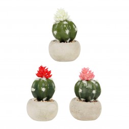 Cactus fleuris artificiels pots ronds ciment x3 assortis réf 33761