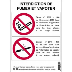 Panneau interdiction de fumer ou de vapoter 150 x 210mm - TALIAPLAST